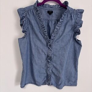 J Crew Women's Sleeveless Ruffle Chambray Top Size M Country Coastal Cowgirl